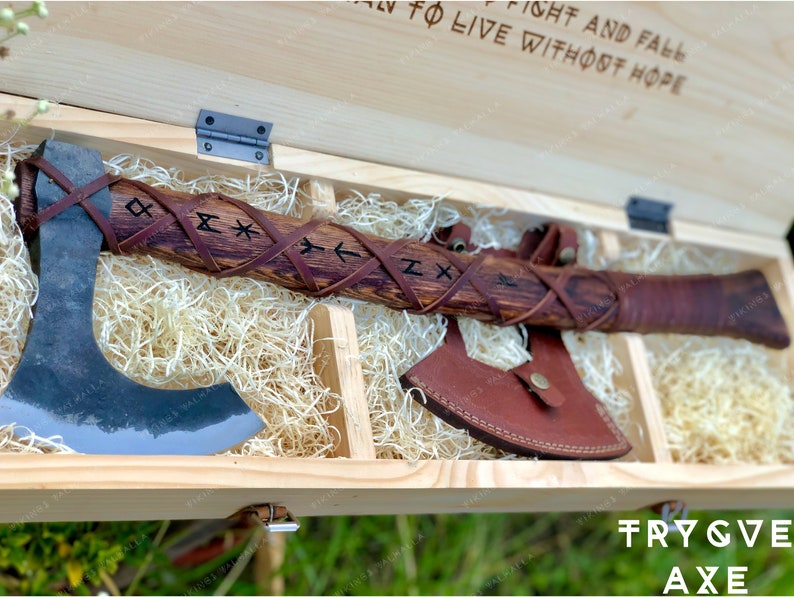 Functional Hand Forged Viking axe made with Carbon Steel, Gift for Men and Women with Personalized Wooden box, Wedding Groomsmen Proposal TRYGVE AXE