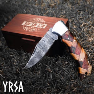 Giftful Handmade Engraved Damascus Folding Pocket Knife with Sharp Cutting edge, Camping, Hunting Knife for Men, Women, Groomsmen on wedding