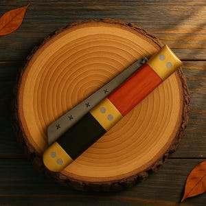 May include: A folding pocket knife with a wooden handle and a silver blade rests on a wooden slice. The handle features red, black, and gold accents. Two dried leaves are placed on a dark wood surface.