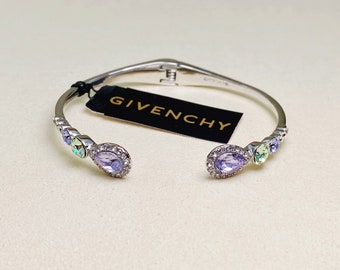 Vintage Givenchy silver tone multi crystal cuff bracelet, gift for wife, gift for girlfriend,Valentines Day Gift