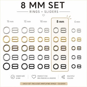 Könnte beinhalten: Eine Auswahl an Ringen und Schiebern in verschiedenen Größen und Farben, ideal für die Herstellung von BHs und Dessous. Das Bild zeigt ein 8 mm Set mit passenden Ringen und Schiebern. Der Text weist auf mehrere Farboptionen hin.
