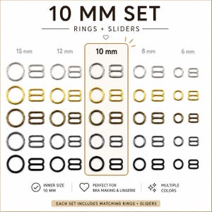 Pode incluir: Uma variedade de anéis e cursores em várias cores, incluindo prata, ouro e preto. A imagem mostra diferentes tamanhos, com foco no conjunto de 10 mm, perfeito para fazer sutiãs e lingerie. O texto na imagem diz "10 MM SET RINGS + SLIDERS."