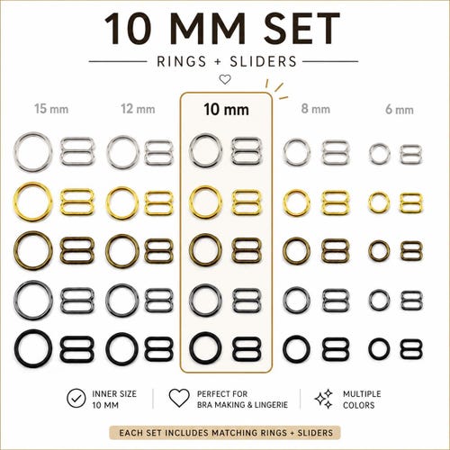 10 mm BH Ringe und Schieber im Set - Lingerie Hardware, Nähzubehör (verschiedene Farben)