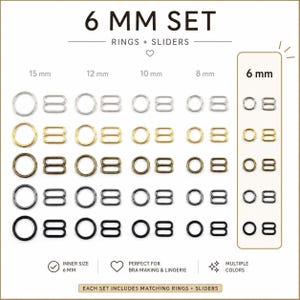 Peut inclure: Ensemble de boucles et de curseurs pour la lingerie et la fabrication de soutiens-gorge, de 6 mm à 15 mm. L'image présente différentes couleurs, dont l'argent, l'or et le noir. Le texte indique '6 MM SET' et 'Chaque ensemble comprend des anneaux + curseurs assortis'.