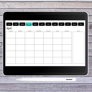 Könnte beinhalten: Ein digitaler Kalender auf einem Tablet-Bildschirm, der den Monat April zeigt. Der Kalender ist in sieben Spalten für jeden Wochentag unterteilt, mit einer separaten Spalte für Notizen.