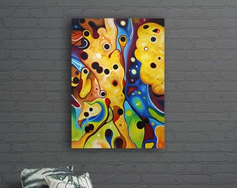 Original hand painted abstract painting. Very colorful acrylic on canvas to decorate a corner of the living room or entrance. Mural painting