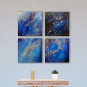 Set of 4 Blue and Gold Abstract Paintings | Original Paintings on Canvas 30 x 30 cm | Modern Textured Art | Wall Decor for Living Room or Office.