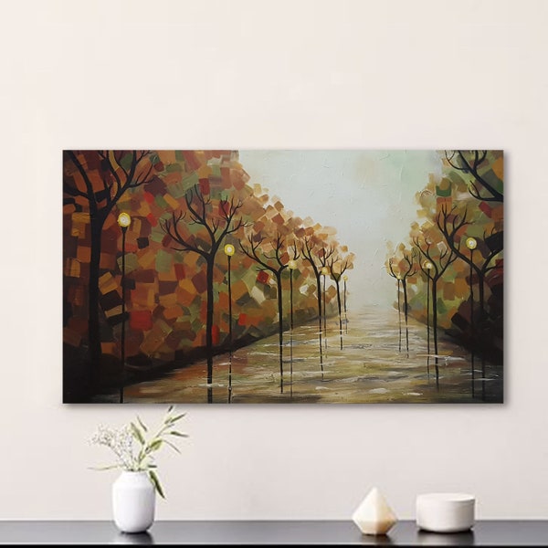 Tableau décoratif pour décorer les murs de votre maison. Peinture originale peinte à la main, acrylique sur toile, avenue bordée d'arbres, paysage d'automne.