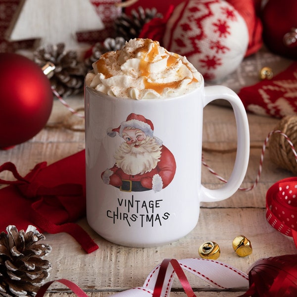 Vintage Christmas Mug, 15 oz Christmas Big Mug, Christmas Gift Mug, Vintage Style Mug, Christmas lover gift idea, Red Santa Cup, Vintage Mug