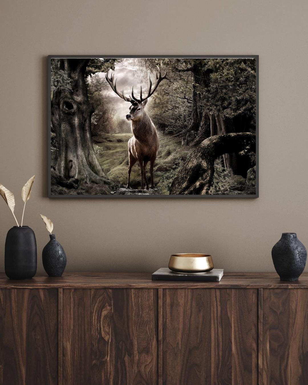 Canvas Wall Art, Deer in Forest Horizontal Frame, Woodland Rustic ...