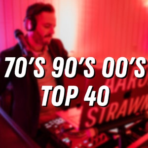 May include: A DJ in a suit and headphones is performing at a party. The text "70's 90's 00's Top 40" is displayed on a sign behind the DJ.