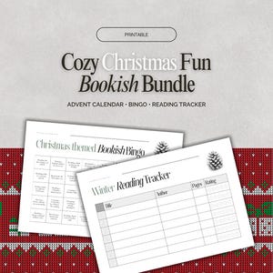 Può includere: Un pacchetto stampabile "Cozy Christmas Fun Bookish Bundle" con calendario dell'Avvento, bingo e registro di lettura. L'immagine presenta una scheda bingo a tema natalizio e un registro di lettura invernale. Lo sfondo è un motivo festivo rosso e bianco.