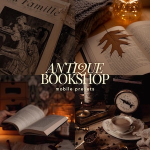 Peut inclure: Un collage d'objets anciens, dont des livres ouverts, un journal, une tasse à thé et une horloge décorative. Le texte "ANTIQUE BOOKSHOP" et "mobile presets" est affiché au centre de l'image, avec une esthétique chaleureuse et sépia.