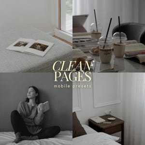 Op de afbeelding: Een collage van lifestyle-afbeeldingen met boeken, koffie en een persoon. De tekst "CLEAN PAGES mobile presets" is over de afbeelding geplaatst. De afbeeldingen hebben een neutraal kleurenpalet en een gezellige, ontspannen uitstraling.