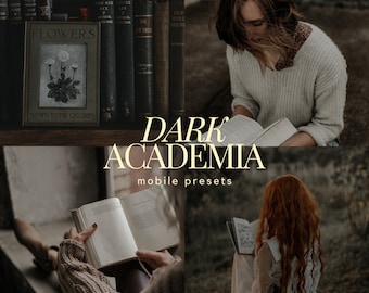 DARK ACADEMIA Preimpostazioni libresche per Lightroom / 4 Preimpostazioni per dispositivi mobili / Marrone lunatico / Pellicola granulosa vintage / Estetica gotica stregonesca / Bookstagram