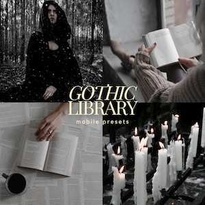 GOTHIC LIBRARY Bookish Presets for Lightroom | 4 Mobile Presets | Dark Moody | Spooky Grainy Film | Witchy Bookish Aesthetic | Bookstagram