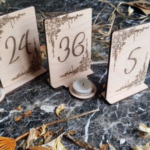 Rustic Wooden Wedding Table Numbers: Engraved Beech Tealight Holders