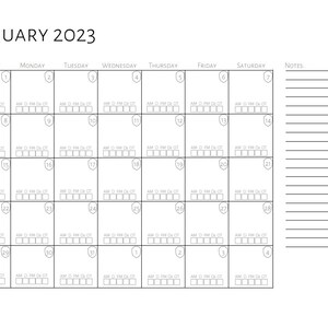 Puede incluir: Un calendario imprimible de enero de 2023 en blanco y negro con casillas diarias para programar citas, eventos y tareas. Cada día tiene espacio para entradas AM, PM y "DI" (detalles). El calendario incluye una clave para explicar las abreviaturas.