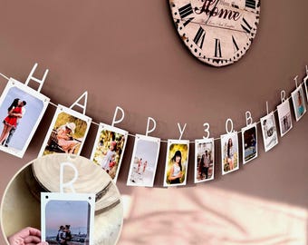 HAPPY BIRTHDAY 16. 18. 20. 30. 40. 50. 60. 70. 80. 90. FotoGirlande runder Geburtstag, Deko Wimpel, Fotowand, Schriftzug, Wanddeko, Geschenk