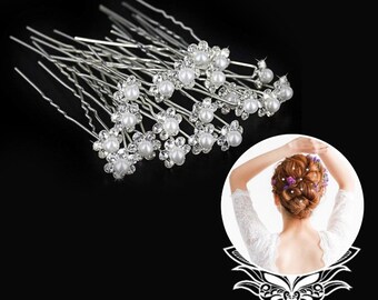 10pcs Bridal Flower Hair Pins With White Pearls | Diamante Hair Pins | Hairstyle | Embellishment | Weeding | Hair Accessories