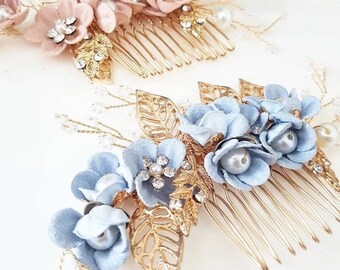 Pink / Blue wedding flowers gold comb, bride pearl comb, bridal pink flowers gold combs, wedding accessories, wedding headpiece