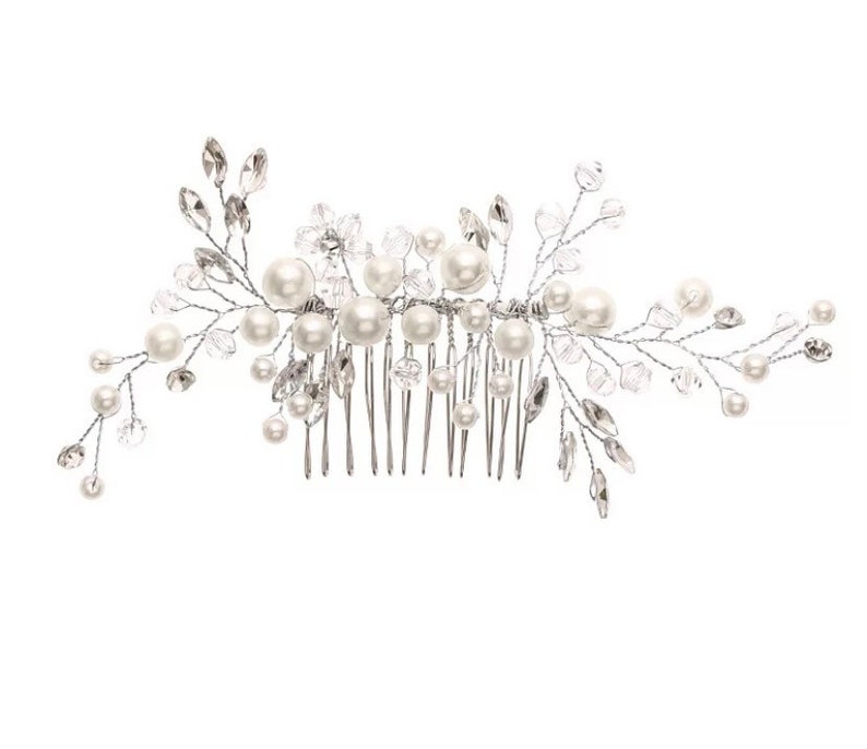 Bridal Silver Crystal Rhinestone Pearl Jewel Droplet Wedding Hair Comb/Hair Accessory/Hair Pin image 5