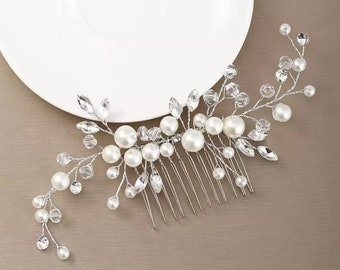 Bridal Silver Crystal Rhinestone Pearl + Jewel Droplet Wedding Hair Comb/Hair Accessory/Hair Pin