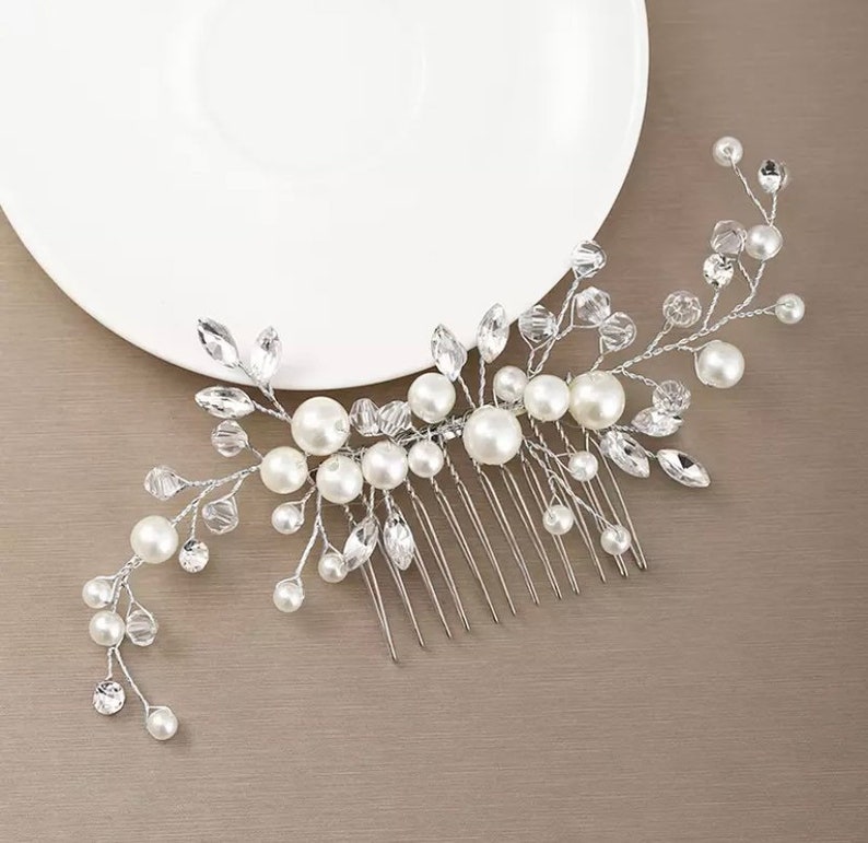 Bridal Silver Crystal Rhinestone Pearl Jewel Droplet Wedding Hair Comb/Hair Accessory/Hair Pin image 1