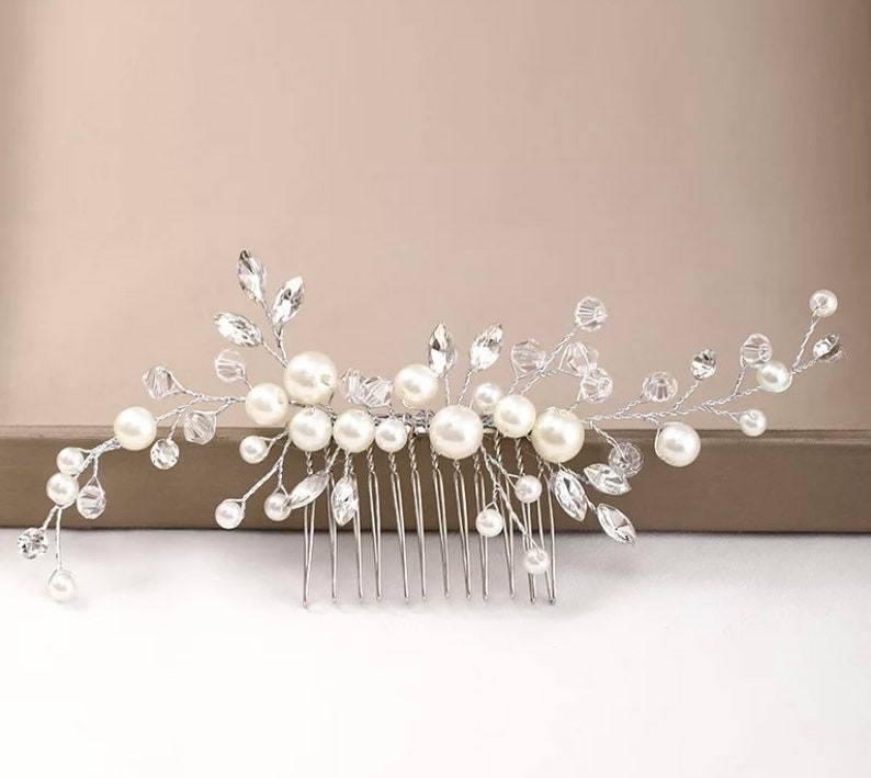 Bridal Silver Crystal Rhinestone Pearl Jewel Droplet Wedding Hair Comb/Hair Accessory/Hair Pin image 4