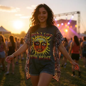 May include: A person wearing a gray t-shirt with a sun graphic and the word "sublime" above the sun. The shirt also has the words "long beach" below the sun. The person is wearing a patterned shawl and denim shorts.