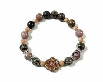 Rhodonite Gemstone And Czech Glass Handmade Beaded Stretch Bracelet