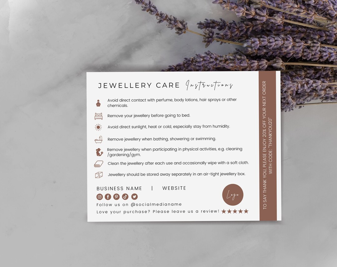 Jewelry Care Instructions Card Template Printable Jewellery Etsy