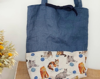 Large cat tote bag , Large Shopping Bag, Shoulder Bag, Linen Tote Bag, Women's Tote Bag, Rustic bag, Gifts For Cat Lovers, Cat Owner Gifts