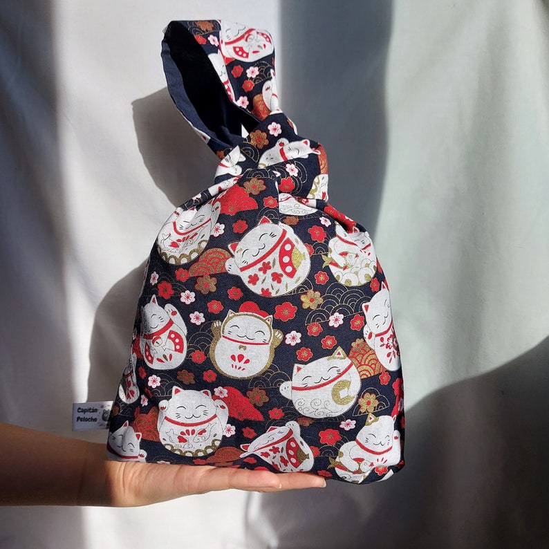 Lucky cat bag, Japanese cat bag, Japanese knot bag, Cat lover bag, Gift for cat lover. image 1