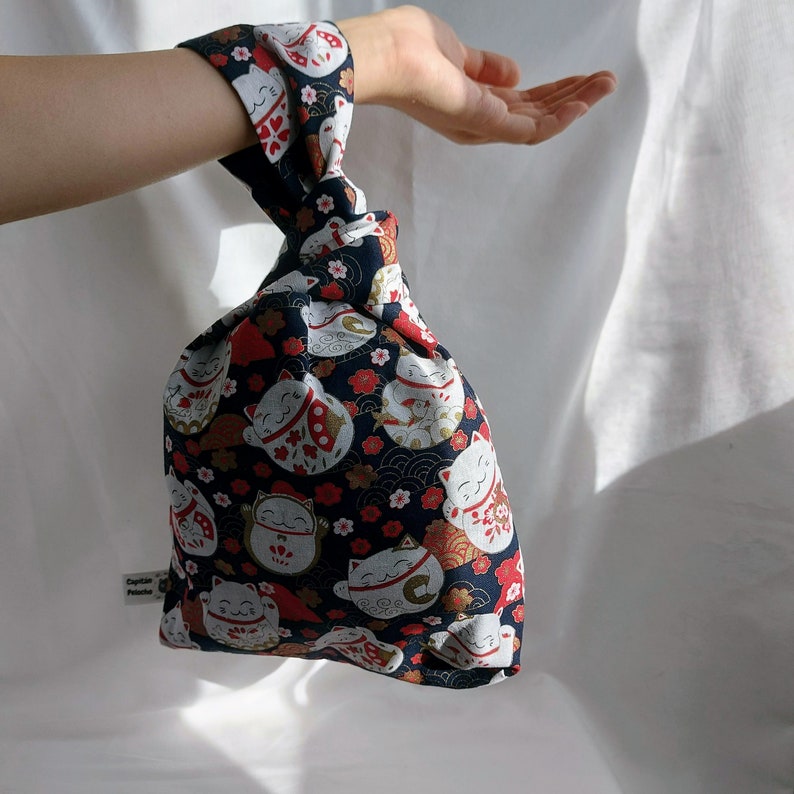 Lucky cat bag, Japanese cat bag, Japanese knot bag, Cat lover bag, Gift for cat lover. image 6
