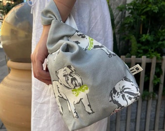 Japanese Knot Bag, Wristband bag,  Grab and Go bag, English bulldog bag, The Japanese Bag, Bag for English bulldog lovers,Bag for dog lovers