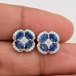 5x3mm Natural Blue Sapphire Earrings Studs, 925 Sterling Silver, Unique Earrings, Cluster Earrings, September Birthstone, Sapphire Jewelry