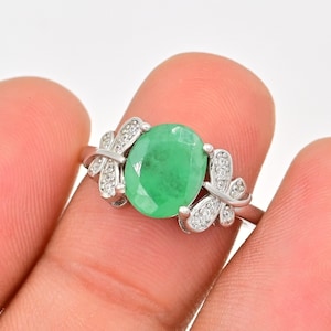 Natural Emerald Ring, 925 Sterling Silver, Solitaire Ring, May Birthstone, Emerald Jewelry, Proposal Ring, Anniversary Gift, Gift For Her