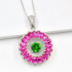 7 MM Green Topaz & Pink Topaz Pendant Necklace, 925 Sterling Silver, Cluster Pendant, November Birthstone, Wedding Pendant, Gift For Her