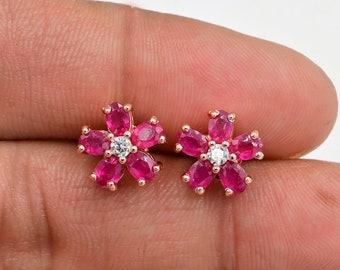 Orecchini a grappolo di rubini, orecchini a bottone con rubini naturali, argento sterling 925, oro rosa vermeil 14K, pietra portafortuna di luglio, gioielli con rubini, regalo per lei