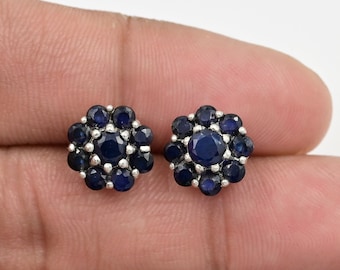 Natural Blue Sapphire Unique Earrings Studs, 925 Sterling Silver, Cluster Earrings, September Birthstone, Sapphire Jewelry, Gift For Her
