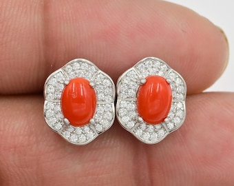 Orecchini a bottone in corallo, orecchini in corallo rosso naturale, argento sterling 925, orecchini solitari, pietra portafortuna di maggio, regalo di anniversario, regalo di compleanno per lei