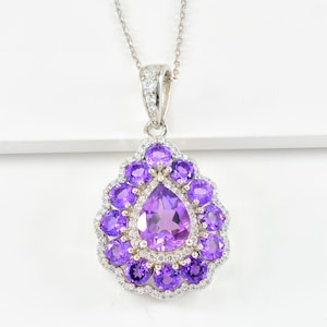 Natural Amethyst Pendant Necklace, 925 Sterling Silver, Cluster Pendant, February Birthstone, Charm Pendant, Anniversary Gift, Gift For Her