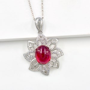 Natural Ruby Cabochon Pendant Necklace, 925 Sterling Silver, Solitaire Pendant, July Birthstone, Ruby Jewelry, Women Pendant, Gift For Her