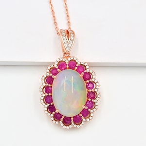 Collar con colgante de ópalo y rubí natural de 18 x 13 mm, 12,40 quilates, plata de ley 925, piedra natal de julio, dije para boda, regalo para ella
