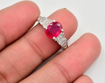 Anillo solitario de rubí natural de 7 x 9 mm, anillo de plata de ley 925, piedra natal de julio, anillo de compromiso, joyería de rubí, anillo de propuesta, regalo para ella