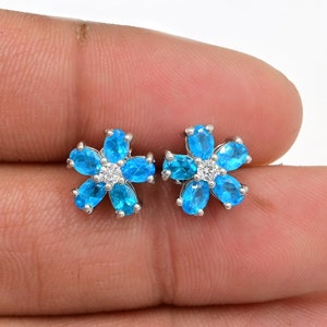Natural Neon Apatite Earrings Studs, 925 Sterling Silver, Apatite Studs, Cluster Earrings, February Birthstone, Bridal Earring, Gift For Her