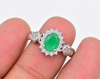 Bague Fine En Argent 925 - Béryl Vert émeraude Plaqué Or 14k - Taille Ajustable - Vintage Art Déco