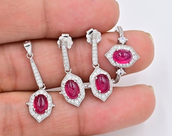 Juego de joyas de rubí natural Cab, juego de colgante de plata de ley 925 con piedra natal de julio para mujer, juego de novia de rubí, regalo de propuesta para novia