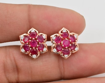 Orecchini a bottone in rubino rosso naturale, argento sterling 925, orecchini a grappolo, pietra portafortuna di luglio, oro rosa vermeil 14 carati, gioielli in rubino, regalo per lei